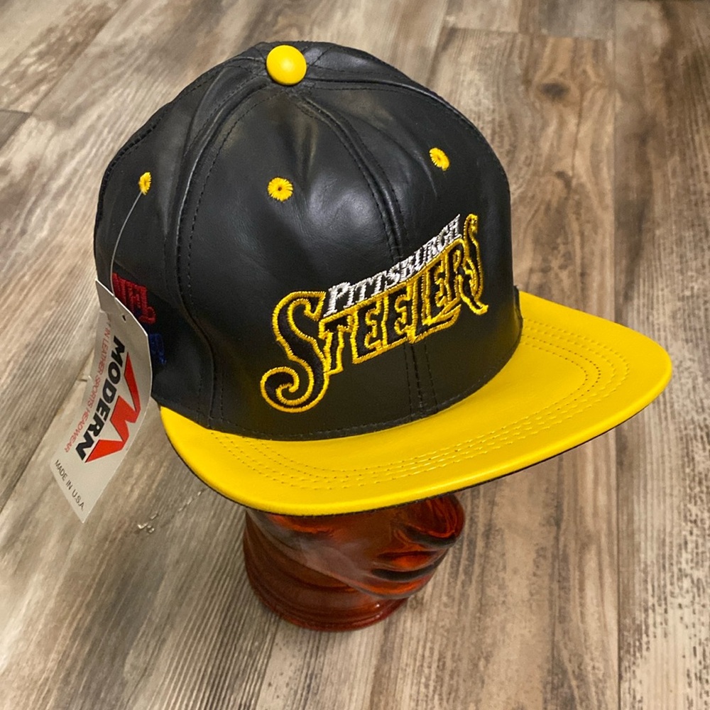 Vintage Pittsburgh Steelers NFL Branded Genuine Leather Snapback Hat Cap USA